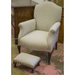 ARMCHAIR, early 20th century in ticking, 69cm W and a footstool to match 37cm W.
