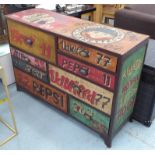 BANK OF DRAWERS, 1950's style, with vintage style typography detail, 123cm x 40cm x 84cm.