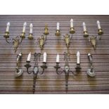 WALL LIGHTS, a set of four, gilt metal, twin branches 35cm H x 25cm W,