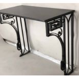 ART DECO CONSOLE TABLE, scroll and geometric decorated black metal base with rectangular marble top,