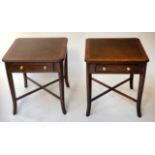 LAMP TABLES, a pair, George III style mahogany and crossbanded with drawer and X stretcher support,