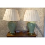 TABLE LAMPS, a pair, Chinese celadon with silk shades, 89cm H.