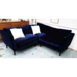 SOFA.COM HOLLY CORNER SOFA, blue velvet, on ebonised supports, 200cm x 200cm x 86cm D x 74cm H.