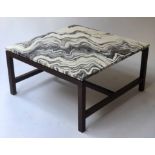 LOW TABLE, square breche violette marble top on stepped square section hardwood base,