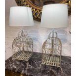 BIRD CAGE TABLE LAMPS, a pair, vintage distressed painted metal with shades, 65cm H.