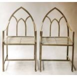 LANCET GARDEN ARMCHAIRS, a pair, Regency gothic style, white painted wrought iron,
