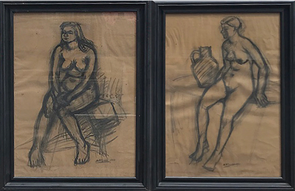 MID 20TH CENTURY SCHOOL, a set of two, charcoal on paper, indistinctly signed and dated 1948,