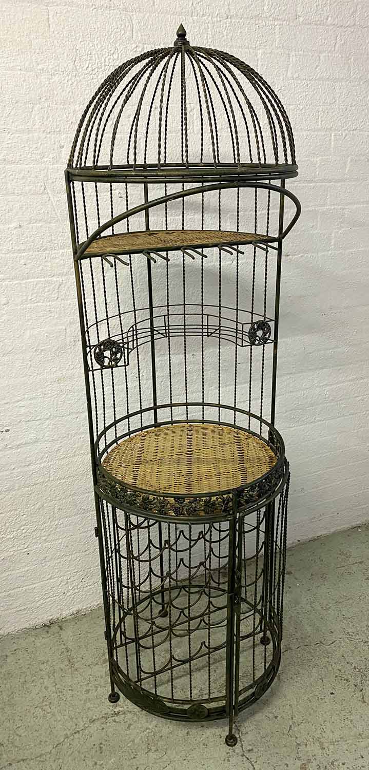 BIRD CAGE WINE RACK AND BAR, vintage wrought iron with rattan shelves, 185cm H.