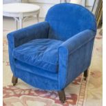 ARMCHAIR, early 20th century mahogany in blue velvet with seat cushion and castors, 74cm W.