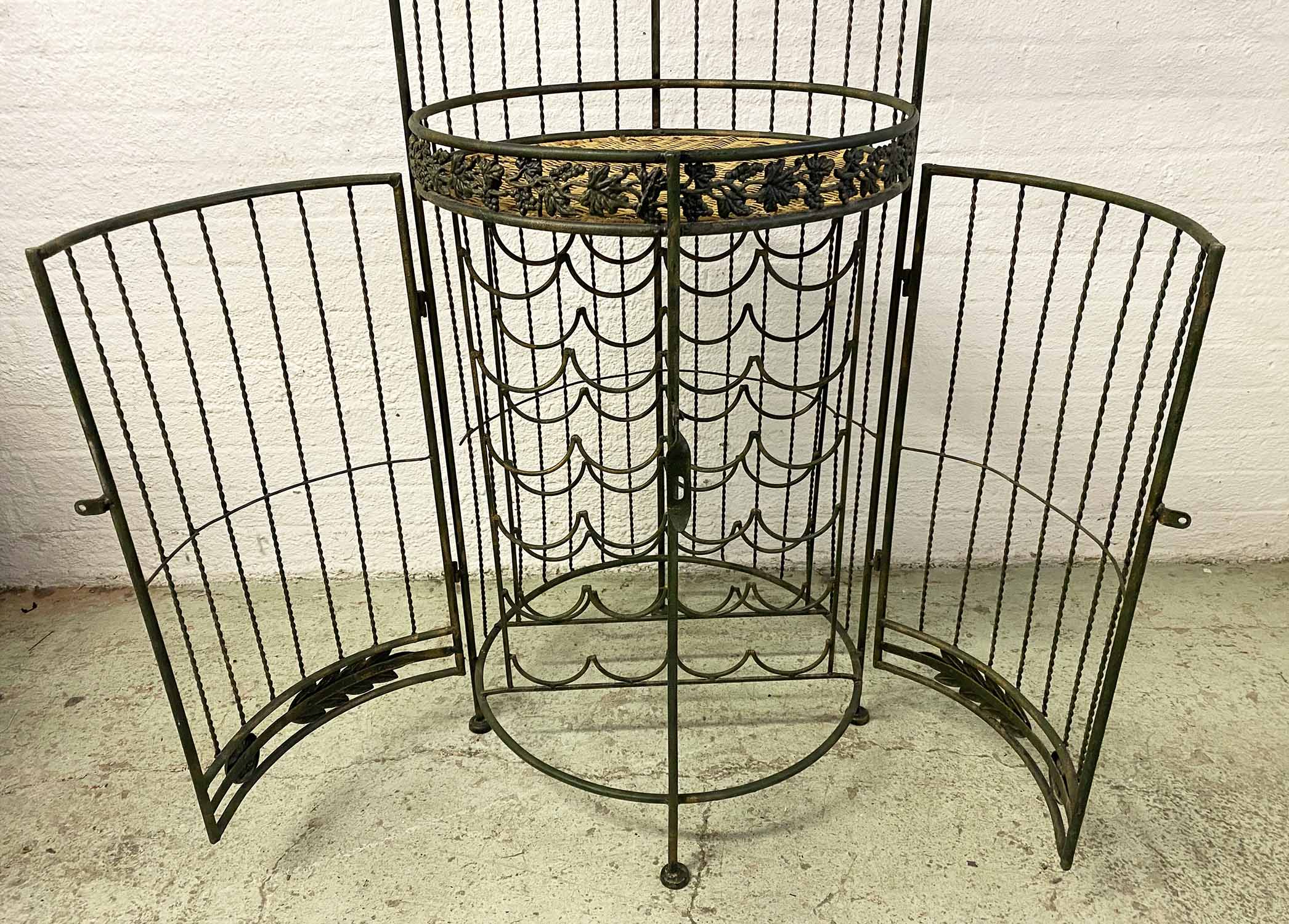 BIRD CAGE WINE RACK AND BAR, vintage wrought iron with rattan shelves, 185cm H. - Image 3 of 4