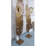 DECORATIVE PALM LEAVES ON STANDS, vintage 1960s French inspired, tarnished effect gilt finish,