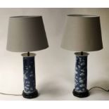 LAMPS, a pair, brush pot Chinese ceramic cherry blossom white on blue ground.