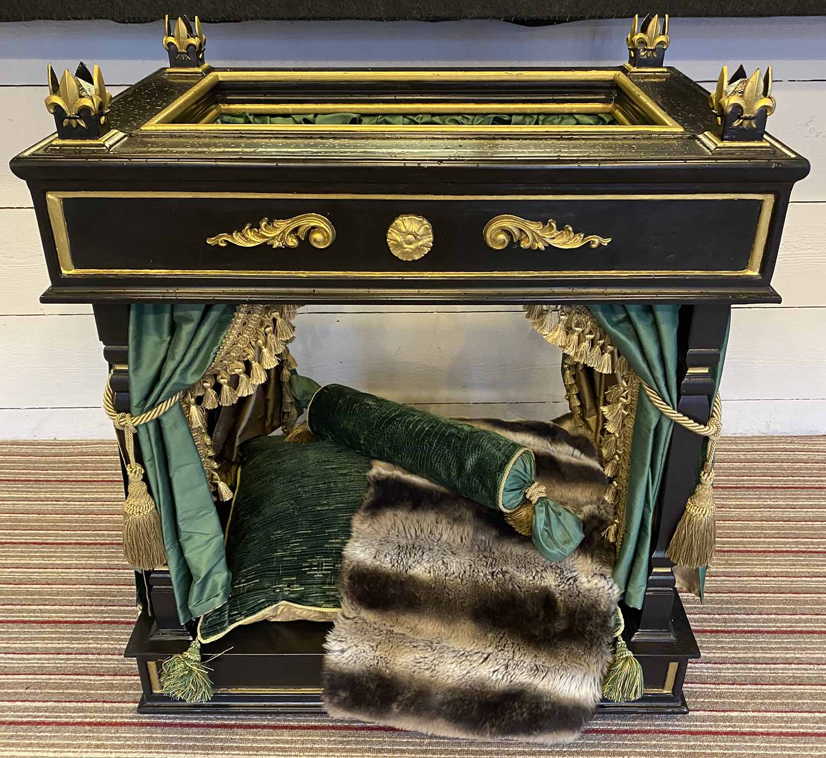 EMPIRE STYLE DOG BED, ebonised and gilt frame with luxurious silk and velvet upholstery,