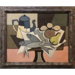 20TH CENTURY CONTINENTAL SCHOOL 'Still Life with Pears, Coffee Pot and Fish', oil on canvas, framed.