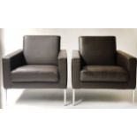WALTER KNOLL ARMCHAIRS, a pair, brown leather and square section silvered supports, 61cm W.