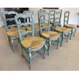 DINING CHAIRS, a set of eight, Continental provincial design, painted with rush seats,