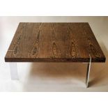 CONRAN COFFEE TABLE, square crown figured wenge wood with chrome detail and flat chrome supports,