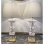 TABLE LAMPS, a pair, in the manner of Baccarat, moulded crystal glass urn design,
