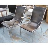 ARMCHAIRS, a pair, leather slung seats on polished metal frames, 96cm H.