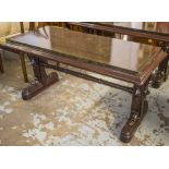 CENTRE TABLE, Victorian mahogany with modern loose painted top on stretchered supports,