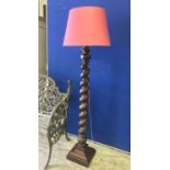 STANDARD LAMP, adapted George III mahogany barley twist tochere, with a pink parchment Pooky shade,