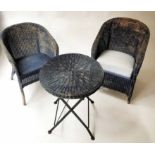 LLOYD LOOM ARMCHAIRS, two similar mid 20th century woven distressed royal blue one with cushion,