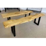 RUSTIC BURR OAK BENCHES, two, with single plank tops and metal bases,