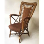 WICKER ARMCHAIR, 1950's woven wicker and trellis patterned upholstery, 58cm W.