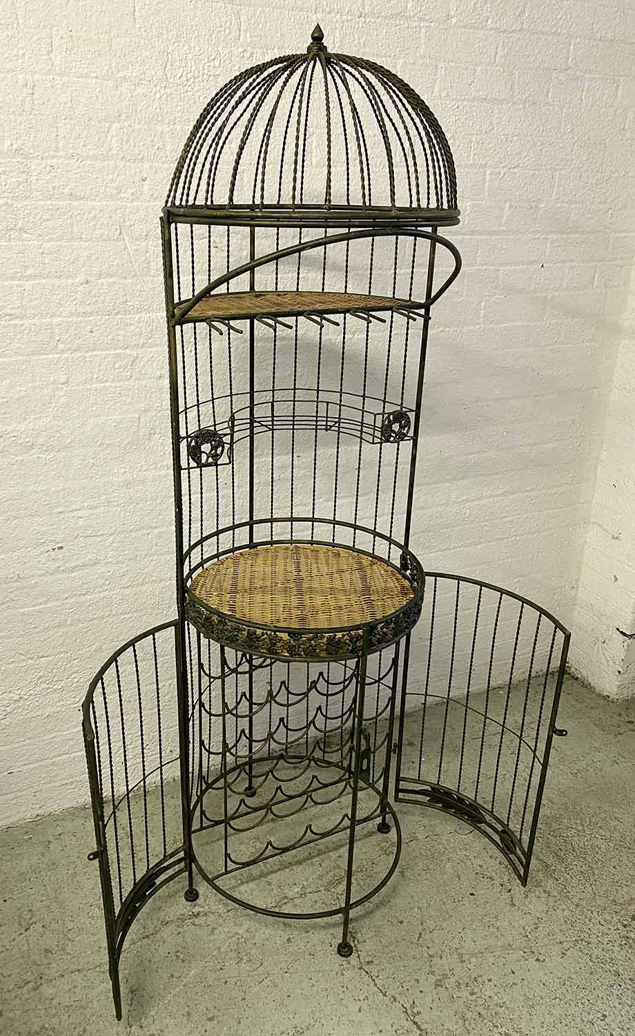 BIRD CAGE WINE RACK AND BAR, vintage wrought iron with rattan shelves, 185cm H. - Image 4 of 4