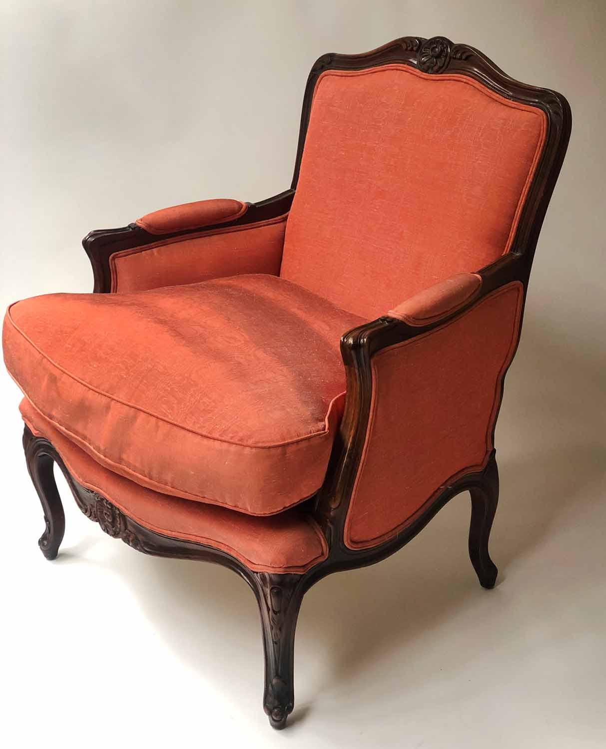 BERGERE, Louis XV style carved mahogany with noiré silk upholstery and cabriole front supports, - Image 4 of 4