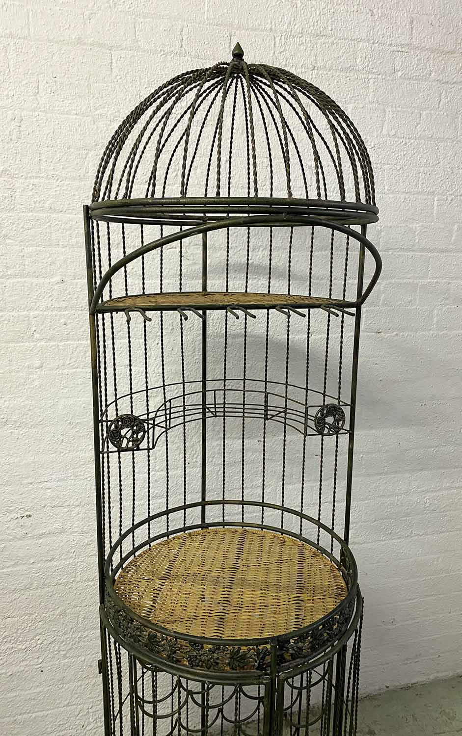 BIRD CAGE WINE RACK AND BAR, vintage wrought iron with rattan shelves, 185cm H. - Image 2 of 4