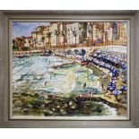 JANINE MARCA (French 1921-2013) 'Beach scene with view of Promenade des Anglais, Nice', watercolour,