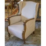 WING ARMCHAIR, early 20th century ash and elm of small size in ticking upholstery, 87cm H x 57cm.