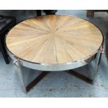 LOW TABLE, segmented wood top in polished metal frame,