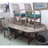 JULIAN CHICHESTER GARDEN CHAIRS, a set of four, and garden table, weathered teak 95cm H.