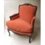 BERGERE, Louis XV style carved mahogany with noiré silk upholstery and cabriole front supports,