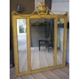 WALL MIRROR, 18th century style giltwood and gesso with urn and swag surmount above three plates,