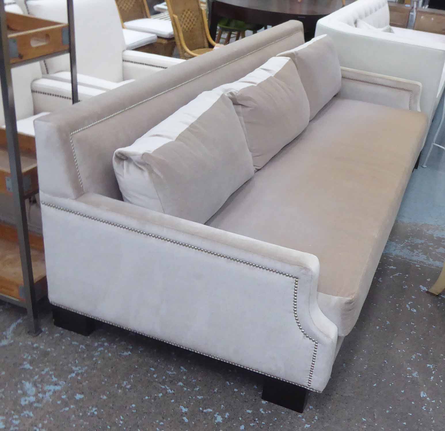 SOFA, with Sahco Bruno Triplet Mohair upholstery and studded detail, 249cm L x 84cm H.