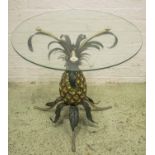 LOW TABLE, mid 20th century tôle peinte with circular glass top on pineapple support, 51cm H x 66cm.
