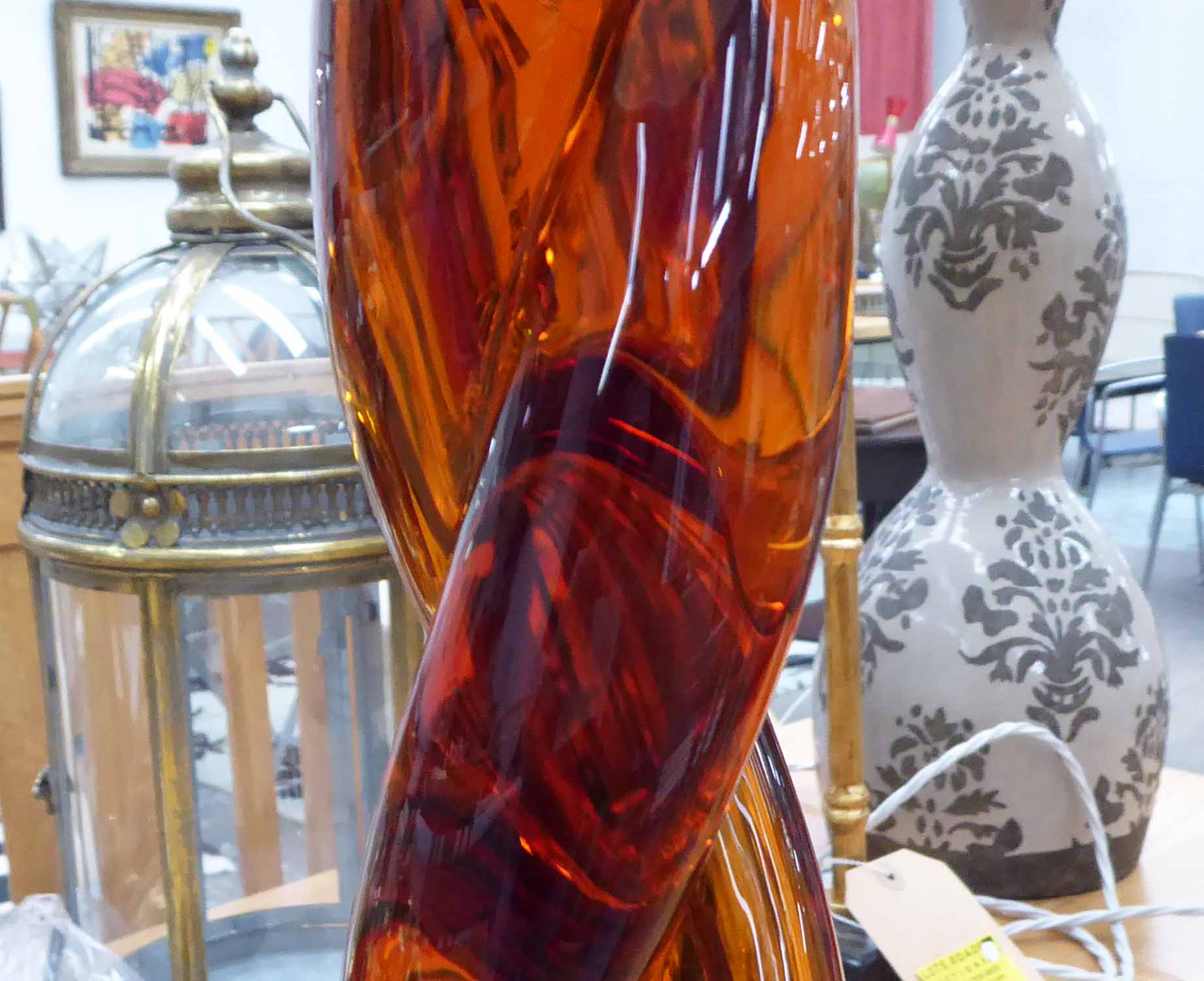 TABLE LAMPS, a pair, amber glass, with shades, overall including shades 77cm H. - Image 2 of 2