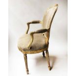 ARMCHAIRS, a pair, George III period painted and gilded with padded oval backs,