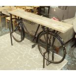 VINTAGE BICYCLE WINE BAR, made from re purposed bicycle, 200cm x 50cm x 98cm approx.