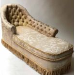 CHAISE, Victorian style country house faded damask with button back arms and seat, 160cm W.