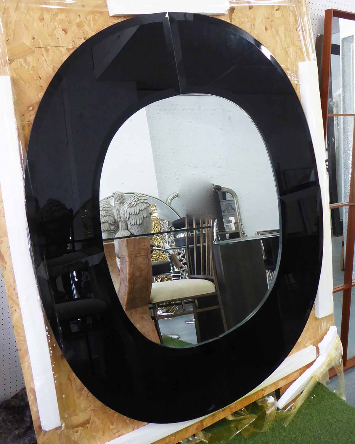 WALL MIRROR, contemporary, black glass frame, 107cm.