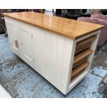 KITCHEN ISLAND, contemporary white painted with cabinets to front and wicker drawers to side,