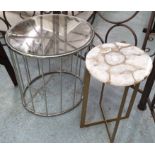 WEST ELM AGATE SIDE TABLE AND ANOTHER, with mirrored top, 50cm x 50cm Diam at largest.