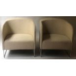 TUB ARMCHAIRS, a pair, Danish with off white pico cotton upholstery and chrome tubular supports,