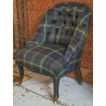 BOUDOIR CHAIR, Napoleon III, ebonised in buttoned green tartan on castors, 59cm W.