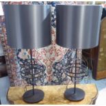 TABLE LAMPS, a pair, each metal with an orb and a grey shade, 83cm H.