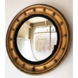 CONVEX WALL MIRROR, early 19th century Regency giltwood with ebonised slip and sphere mounted frame,